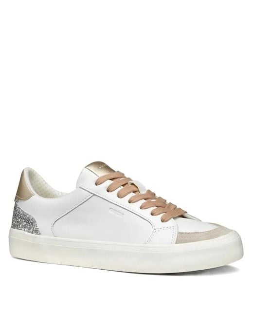 Geox White Emmeleny Glitter-Panel Leather Sneakers