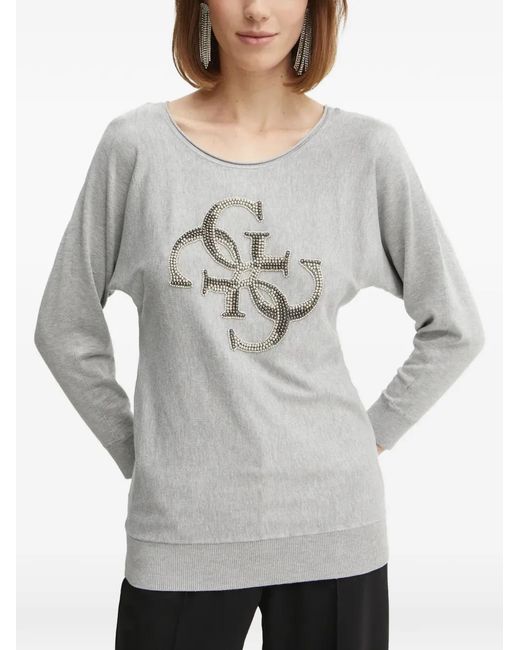 Guess Gray Crystal-Embellished Logo-Motif Sweater