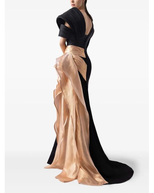 Gaby Charbachy Black Pleated-Panel Draped-Hem Evening Gown