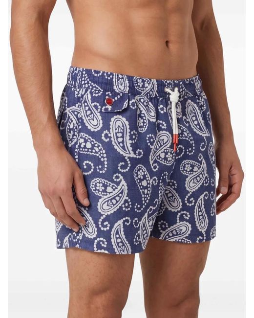 Kiton Blue Patterned Drawstring-Fastening Swim Shorts for men
