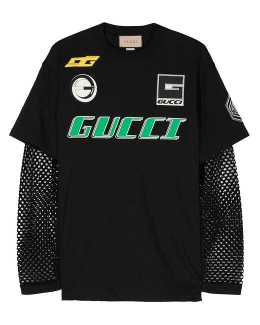 T-shirt superposé à logo imprimé Gucci en coloris Black