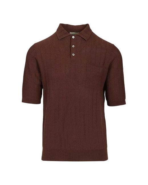 Ballantyne Brown Ribbed-Knit Chest-Pocket Polo Shirt for men