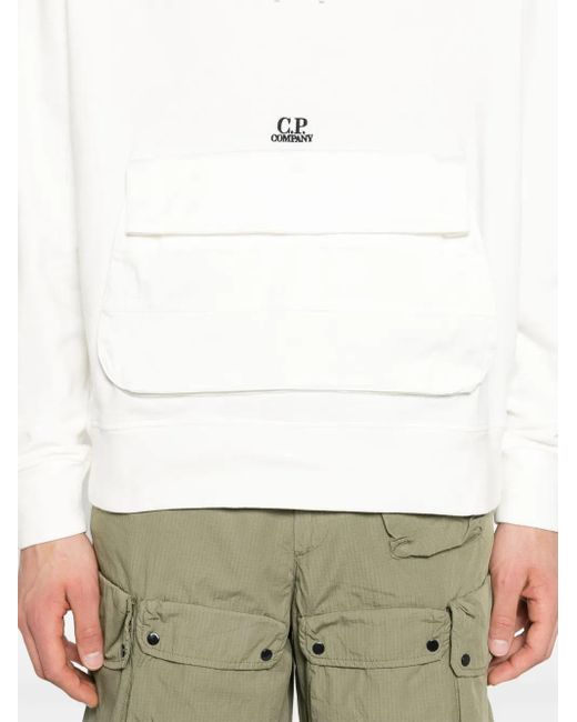 C P Company White Cotton Diagonal Mixed Hoodie for men