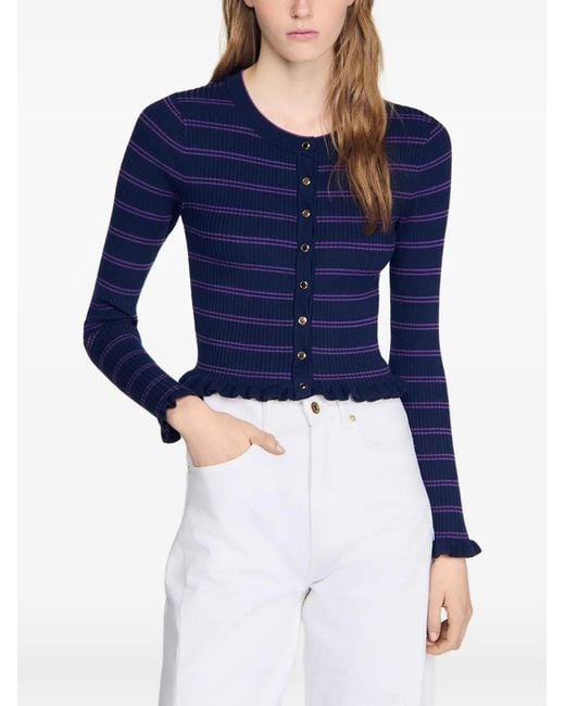 Sandro Blue Striped Ruffle-Trim Cardigan