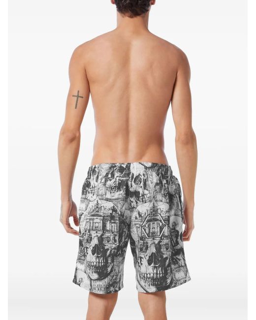 Philipp Plein White Graphic-Print Swim Shorts for men