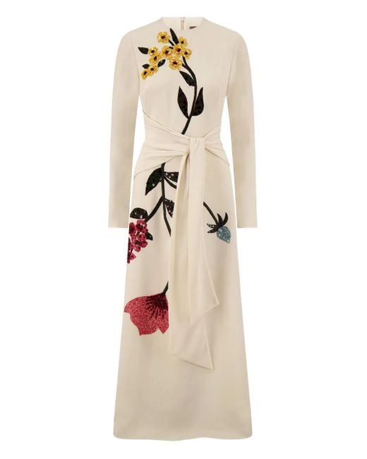 Lela Rose Natural Floral-Embroidered Tie-Waist Midi Dress