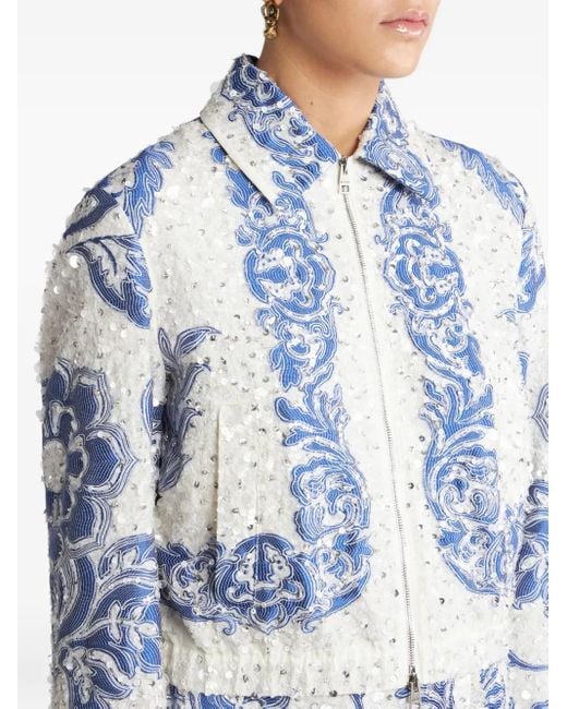 Etro Blue Sequin-Embellished Cropped Bomber Jacket