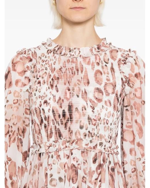 Needle & Thread Pink Leopard Smocked Midi Dress