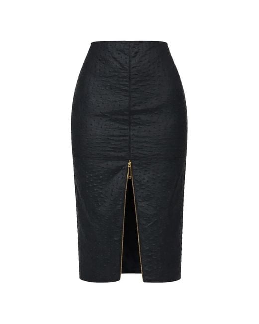 Elisabetta Franchi Black High-Waist Ostrich Print Midi Skirt