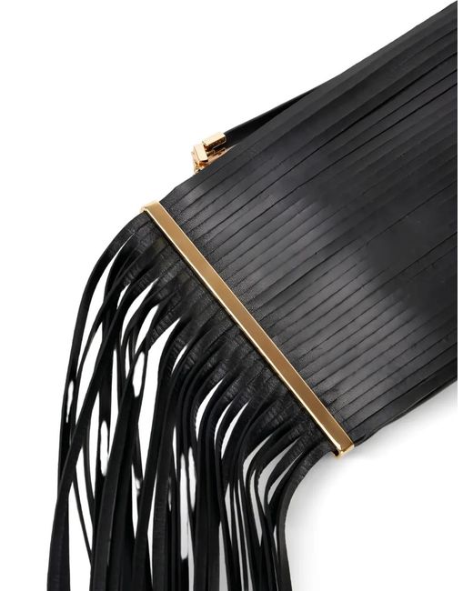 Elisabetta Franchi Black Fringed-Design Chain-Strap Leather Shoulder Bag