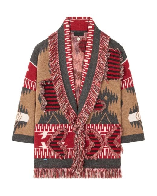 Alanui Red Grunge Anthem Fringed Patterned Coat