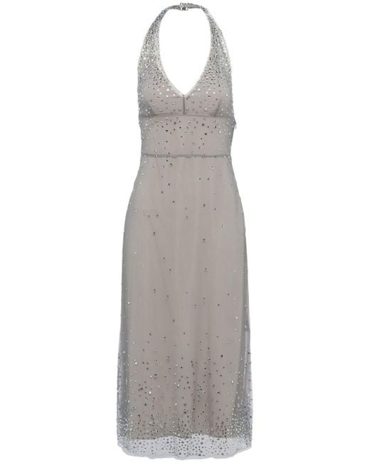 Prada Gray Crystal-embroidered Halterneck Tulle Dress