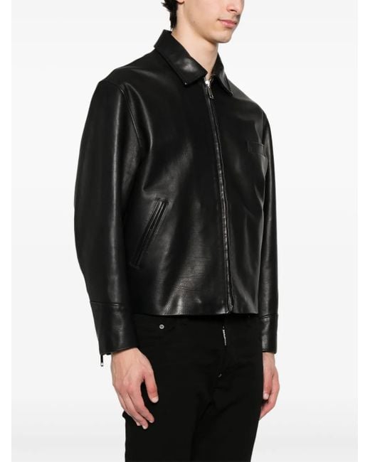 Second/Layer Black Leather Bomber Jacket for men