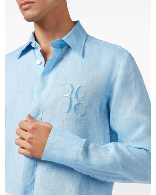 Billionaire Blue Monogram-embroidered Linen Shirt for men