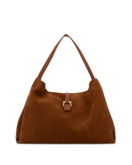Ferragamo Brown Sac Porté Épaule En Daim À Détails Gancini