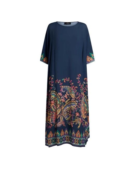 Etro Blue Paisley-Print Silk Dress