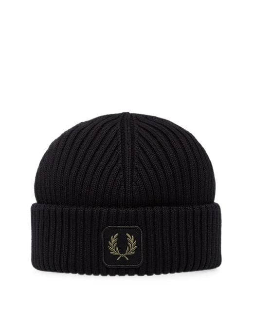 Fred Perry Black Ribbed Cotton Beanie Hat