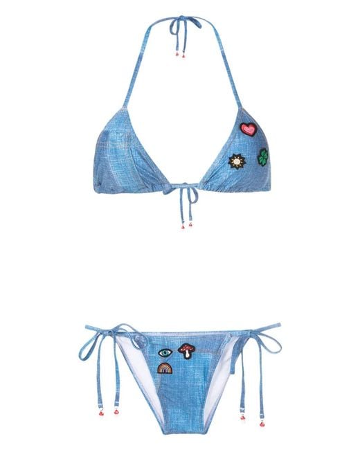 Amir Slama Blue Embroidered-Patch Bikini Set