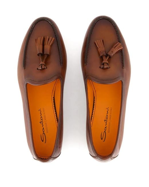 Santoni Brown Leather Tassel Loafers for men