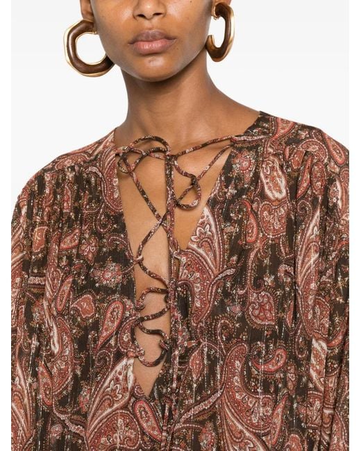 ANDAMANE Brown Indira Paisley-Print Lace-Fastening Mini Dress