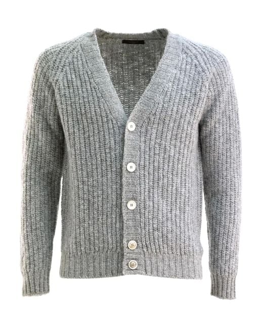 Zanone Gray Ribbed V-Neck Cardigan for men