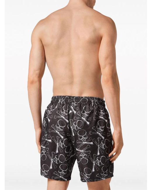 Philipp Plein Gray Skull-Print Drawstring Swim Trunks for men