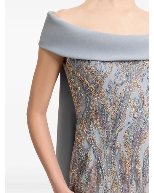 Gemy Maalouf White Sequin-Embellished Cape-Detail Dress