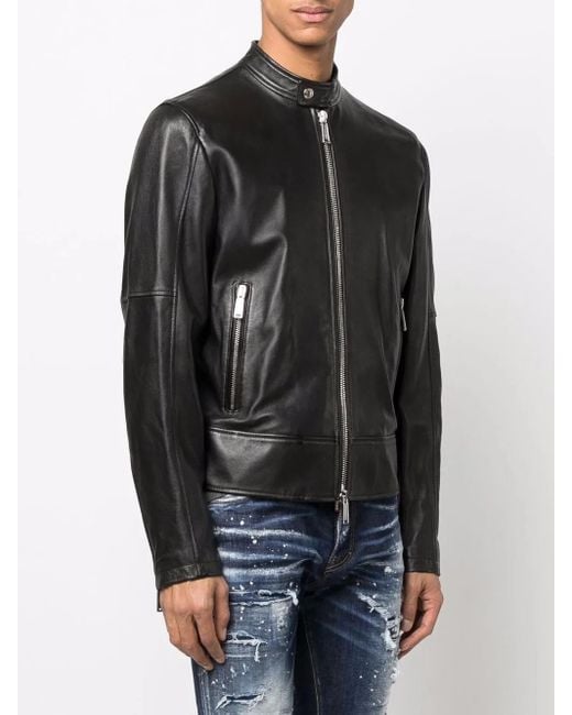 DSquared² Black Zippered Leather Jacket for men