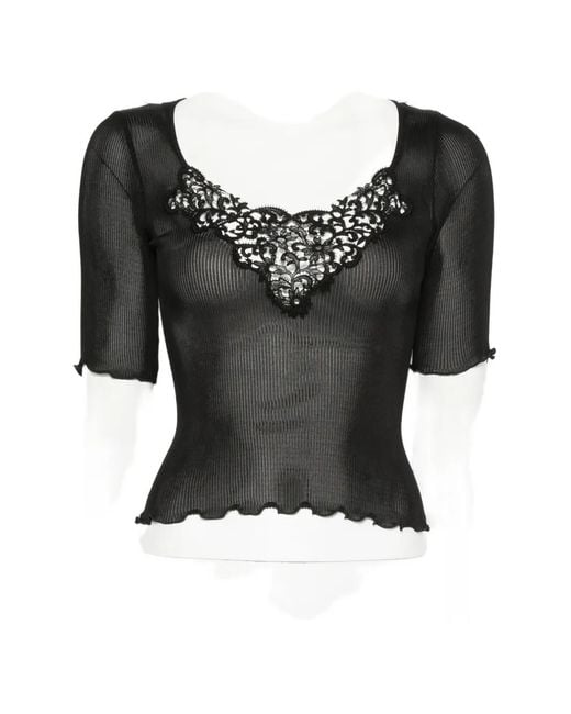 Saint Laurent Black Lace-Trim Ribbed Top