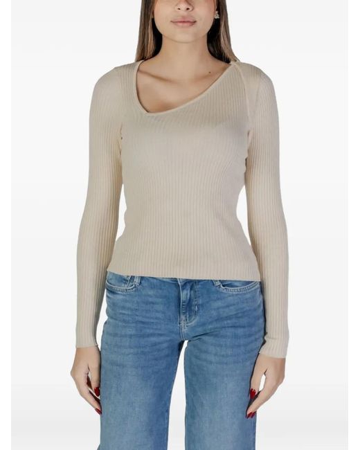 Vila Blue Asymmetric-Neck Ribbed-Knit Top