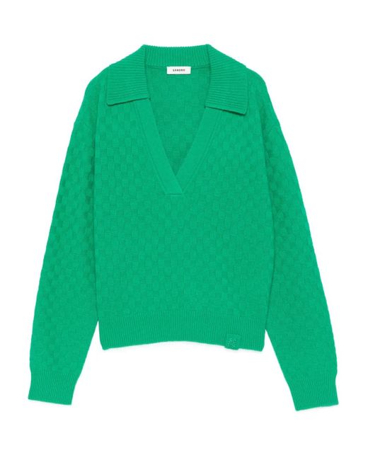 Sandro Green Textured V-Neck Sweater