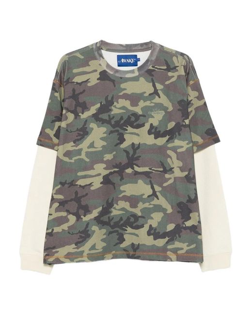 AWAKE NY Gray Camouflage-Print Double-Sleeve T-Shirt for men