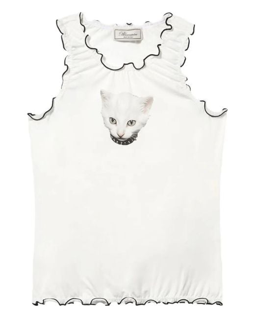 Blumarine Natural Cat-Print Ruffled T-Shirt