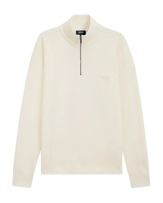 Boss White Zip-Neck Sweater for men