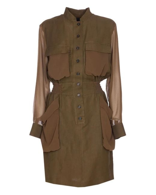 Pinko Brown Structured Midi Dress With Sheer Sleeves