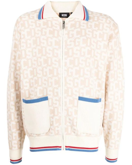 Gcds Natural Logo Intarsia-Knit Zip-Up Cardigan for men