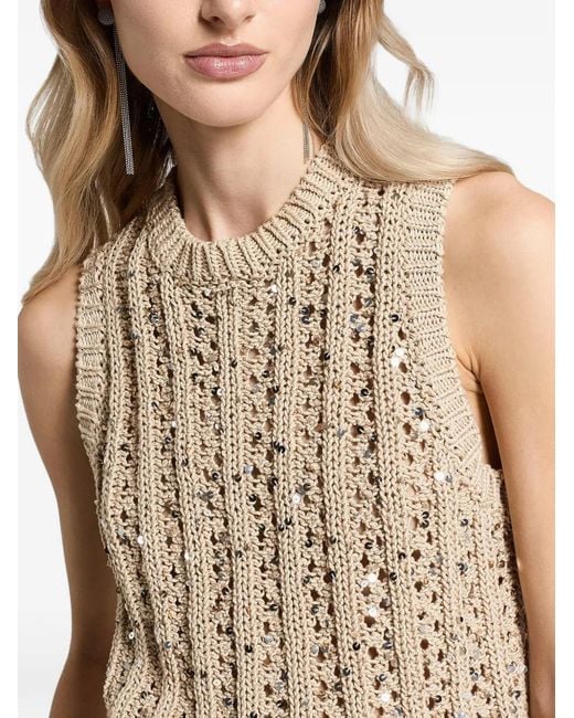 Peserico Brown Sequinned Cotton Ribbon Top