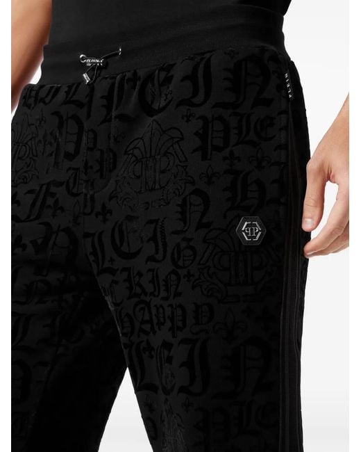 Philipp Plein Black Gothic-Print Drawstring-Waist Track Pants for men