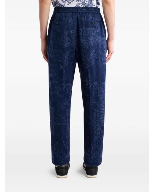 Etro Blue Jacquard Floral Trousers for men