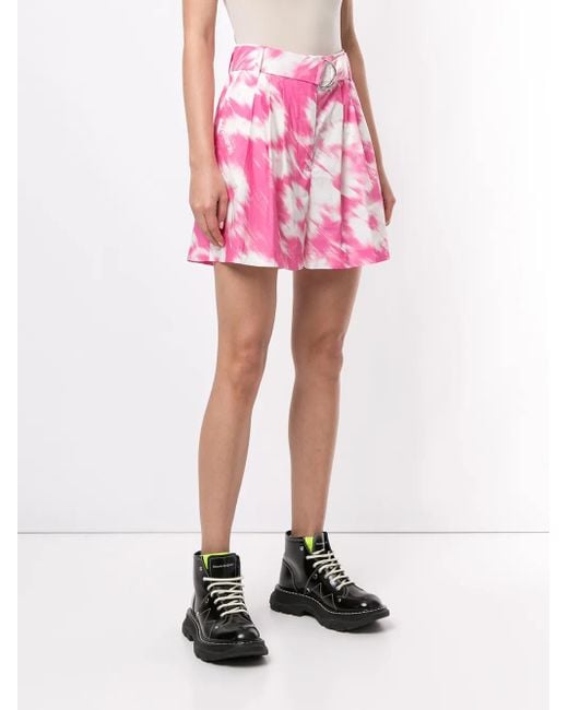 MSGM Pink Painterly-Print Belted Shorts