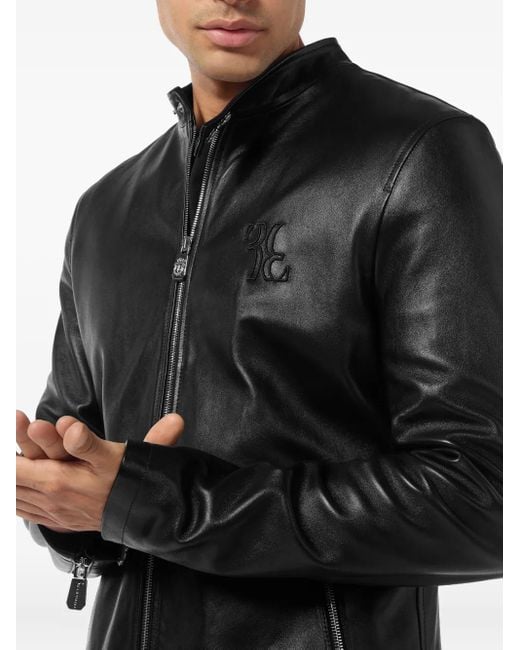 Billionaire Black Embroidered Zip-Fastening Leather Jacket for men