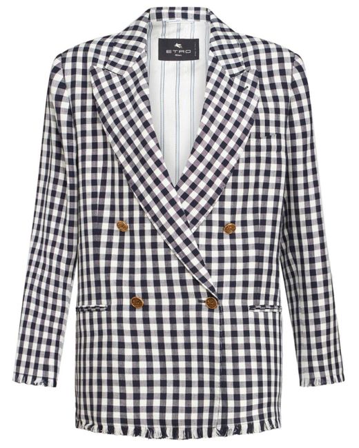 Etro Blue Gingham-print Double-breasted Blazer
