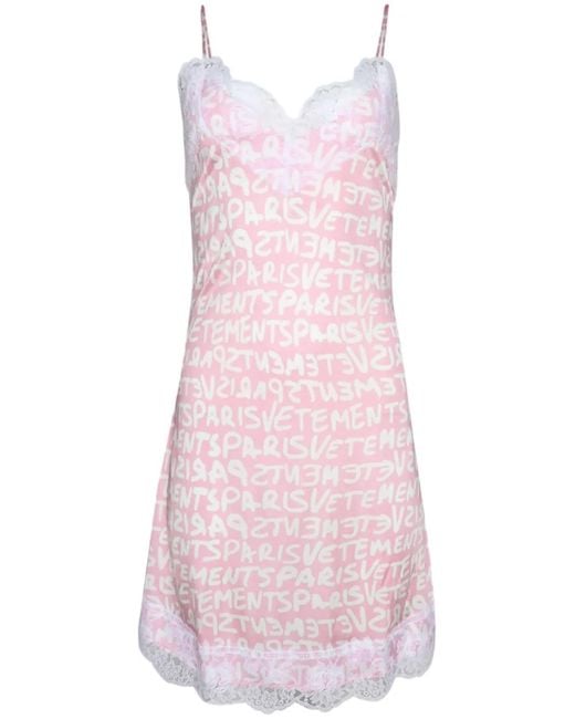 Vetements Pink Logo-Print Lace-Trim Minidress