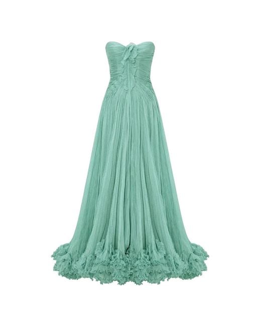 Marmar Halim Green Ruffled Strapless Maxi Dress