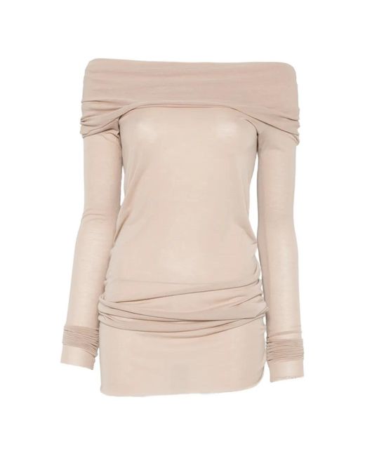 Rick Owens Natural Off-Shoulder Log-Sleeve T-Shirt