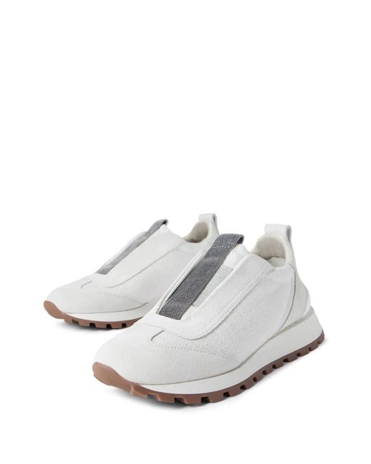 Brunello Cucinelli White Canvas Monili-Detail Sneakers
