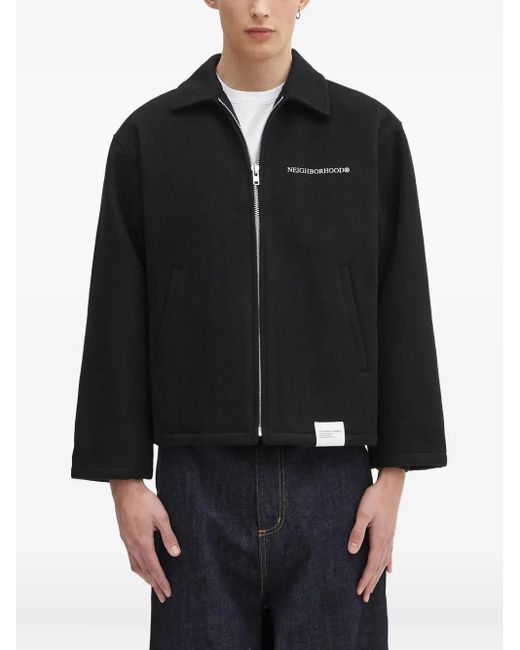 Neighborhood Black Melton Logo-Emblem Zip-Up Shirt Jacket for men