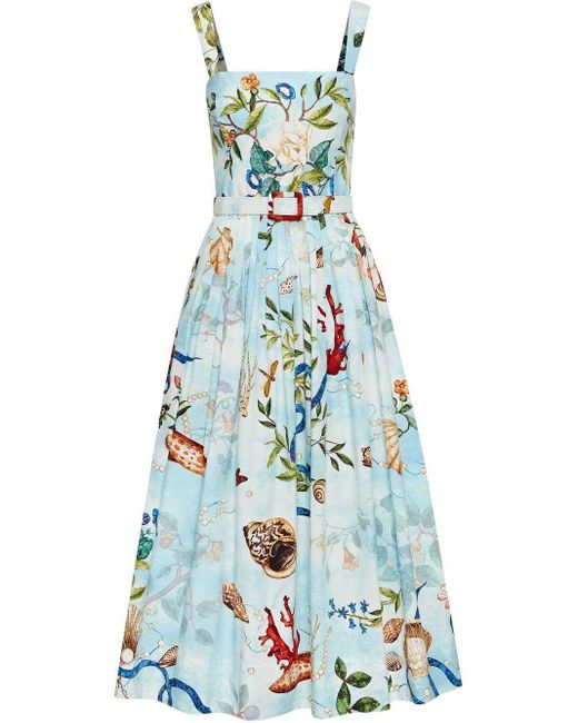 Oscar de la Renta Cotton Floral-print Belted Midi Dress in Blue | Lyst