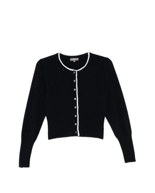 N.Peal Cashmere Black Lace Trim Crew Neck Cardigan