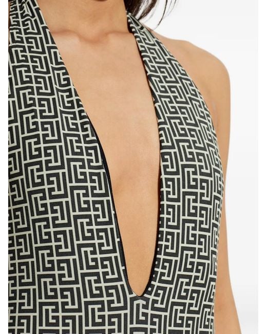 Balmain Black Monogram-Pattern Halterneck Swimsuit